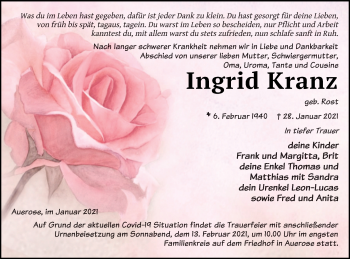 Traueranzeige von Ingrid Kranz von Vorpommern Kurier