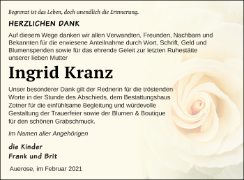 Traueranzeige von Ingrid Kranz von Vorpommern Kurier