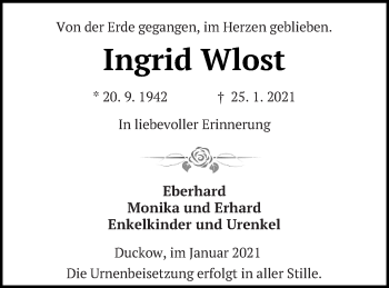 Traueranzeige von Ingrid Wlost von Mecklenburger Schweiz