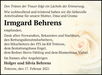 Traueranzeige von Irmgard Behrens von Mecklenburger Schweiz