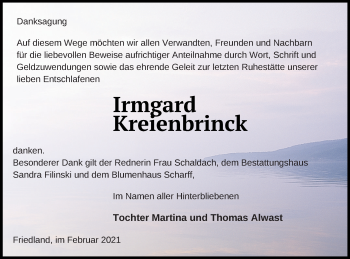 Traueranzeige von Irmgard Kreienbrinck von Neubrandenburger Zeitung