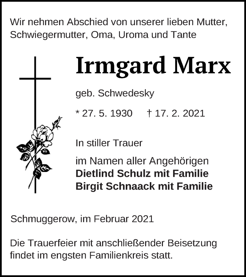  Traueranzeige für Irmgard Marx vom 23.02.2021 aus Vorpommern Kurier