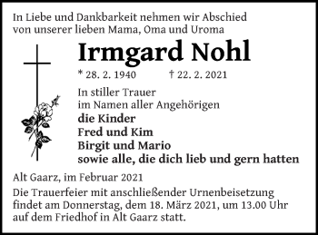 Traueranzeige von Irmgard Nohl von Strelitzer Zeitung