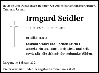 Traueranzeige von Irmgard Seidler von Mecklenburger Schweiz