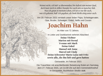 Traueranzeige von Joachim Hahn von Prenzlauer Zeitung