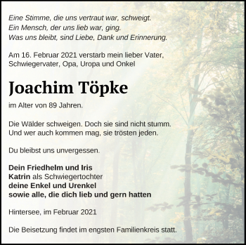 Traueranzeige von Joachim Töpke von Haff-Zeitung