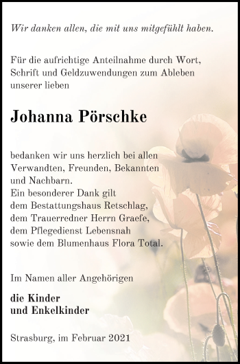 Traueranzeige von Johanna Pörschke von Pasewalker Zeitung