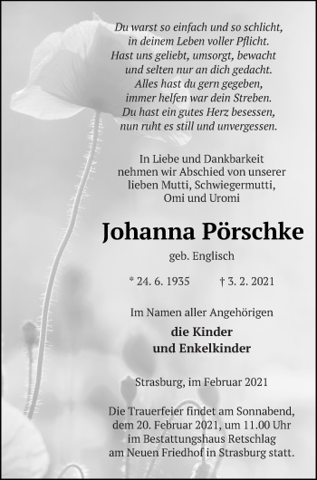 Traueranzeige von Johanna Pörschke von Pasewalker Zeitung