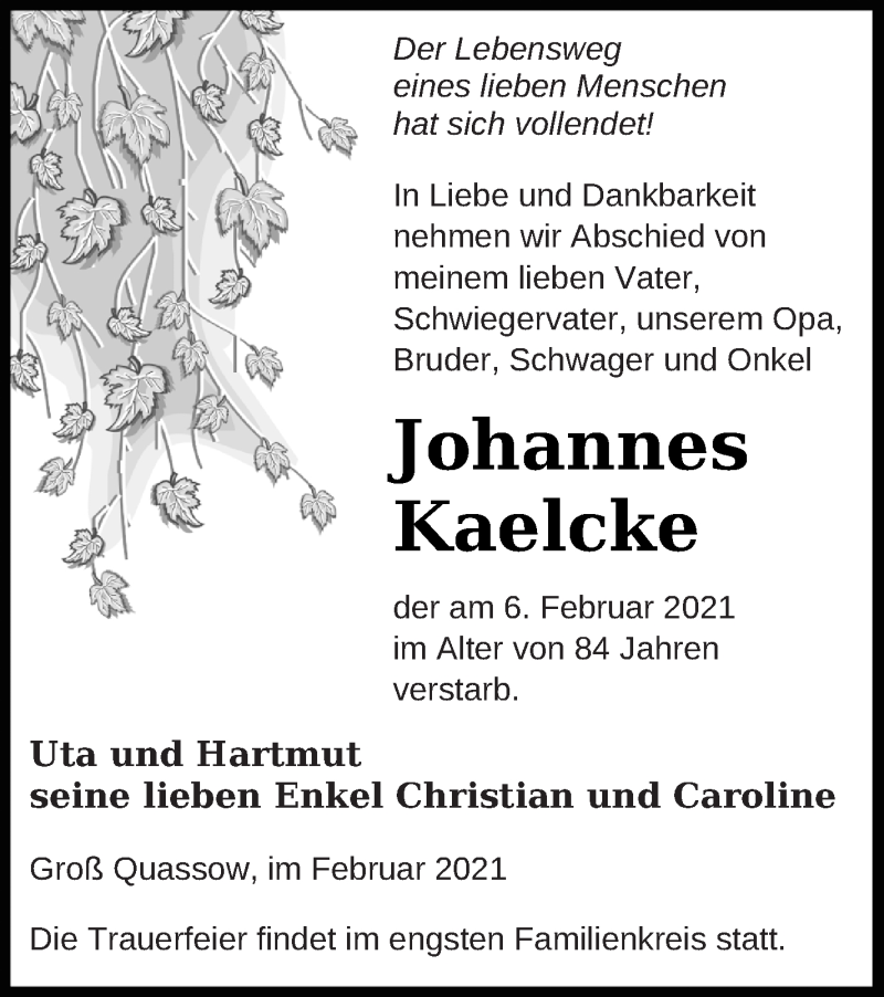  Traueranzeige für Johannes Kaelcke vom 10.02.2021 aus Strelitzer Zeitung