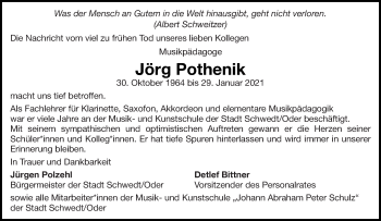 Traueranzeige von Jörg Pothenik von Prenzlauer Zeitung