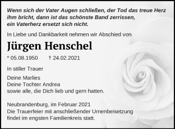 Traueranzeige von Jürgen Henschel von Neubrandenburger Zeitung
