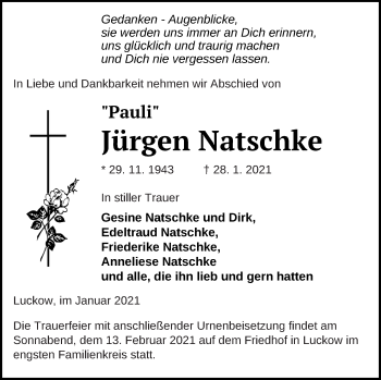 Traueranzeige von Jürgen Natschke von Haff-Zeitung