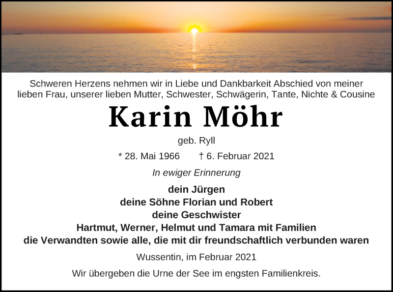  Traueranzeige für Karin Möhr vom 13.02.2021 aus Vorpommern Kurier