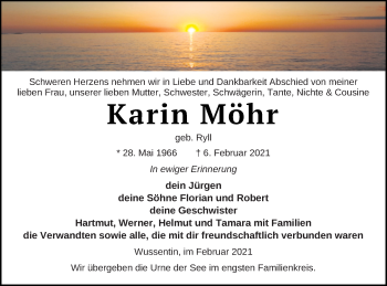 Traueranzeige von Karin Möhr von Vorpommern Kurier