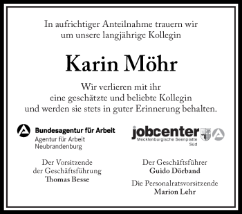 Traueranzeige von Karin Möhr von Vorpommern Kurier