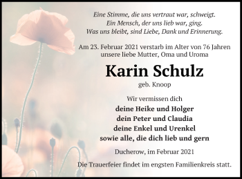 Traueranzeige von Karin Schulz von Vorpommern Kurier