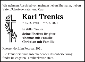 Traueranzeige von Karl Trenks von Neubrandenburger Zeitung