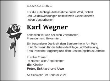 Traueranzeige von Karl Wegner von Müritz-Zeitung