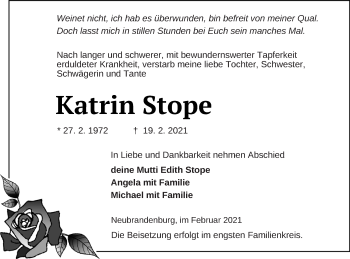 Traueranzeige von Katrin Stope von Neubrandenburger Zeitung
