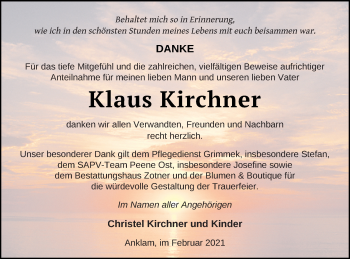 Traueranzeige von Klaus Kirchner von Vorpommern Kurier