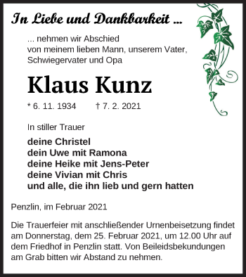 Traueranzeige von Klaus Kunz von Müritz-Zeitung