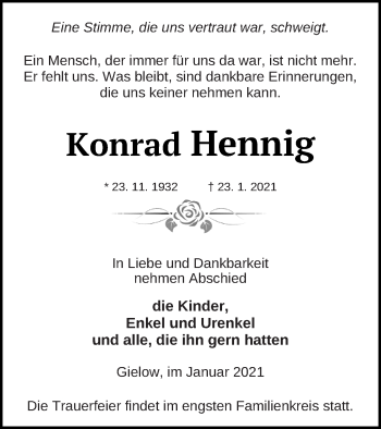 Traueranzeige von Konrad Hennig von Mecklenburger Schweiz