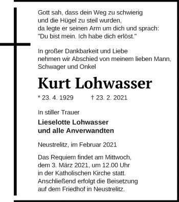 Traueranzeige von Kurt Lohwasser von Strelitzer Zeitung