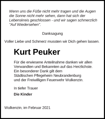 Traueranzeige von Kurt Peuker von Neubrandenburger Zeitung