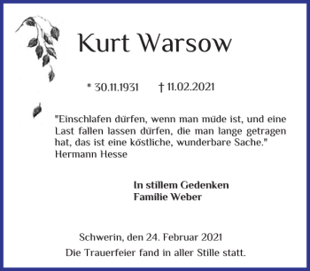 Traueranzeige von Kurt Warsow von Zeitung für die Landeshauptstadt