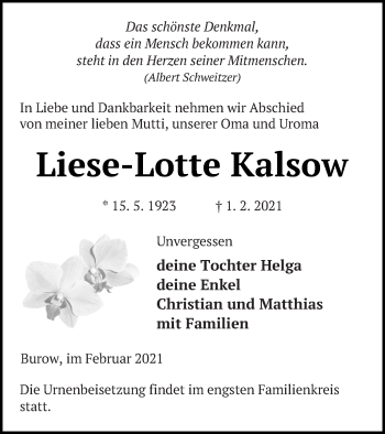 Traueranzeige von Liese-Lotte Kalsow von Neubrandenburger Zeitung