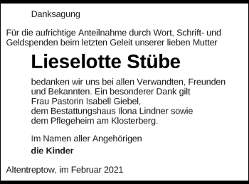 Traueranzeige von Lieselotte Stübe von Neubrandenburger Zeitung