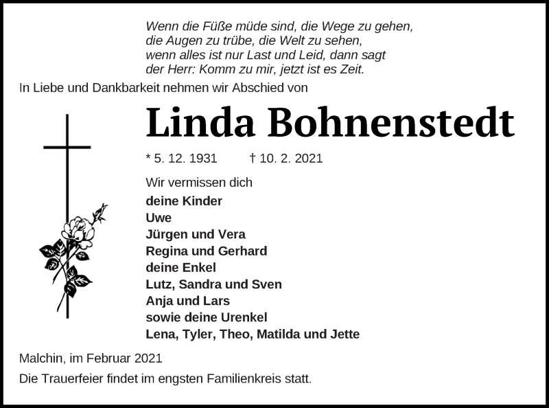  Traueranzeige für Linda Bohnenstedt vom 16.02.2021 aus Mecklenburger Schweiz