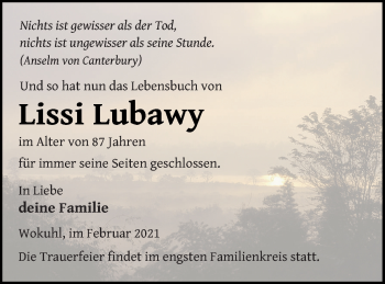 Traueranzeige von Lissi Lubawy von Strelitzer Zeitung