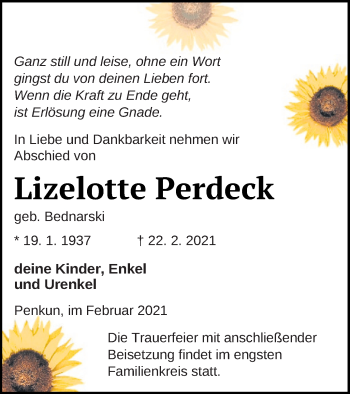 Traueranzeige von Lizelotte Perdeck von Pasewalker Zeitung