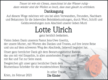 Traueranzeige von Lotte Ulrich von Vorpommern Kurier