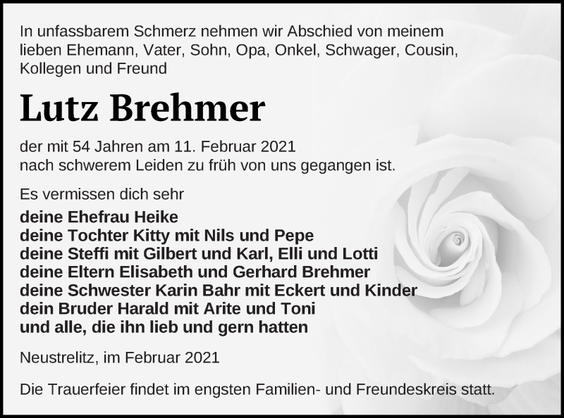  Traueranzeige für Lutz Brehmer vom 16.02.2021 aus Strelitzer Zeitung