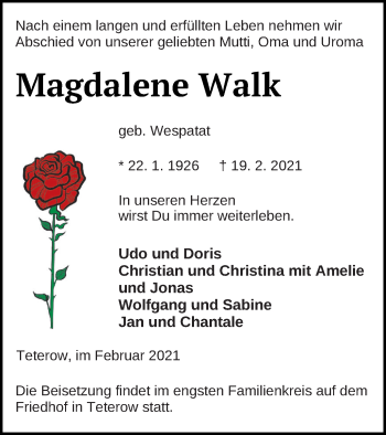 Traueranzeige von Magdalene Walk von Mecklenburger Schweiz