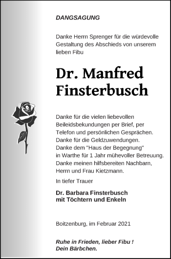 Traueranzeige von Manfred Finsterbusch von Templiner Zeitung