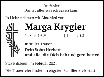 Traueranzeige von Marga Krygier von Demminer Zeitung