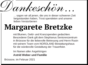 Traueranzeige von Margarete Bretzke von Prenzlauer Zeitung