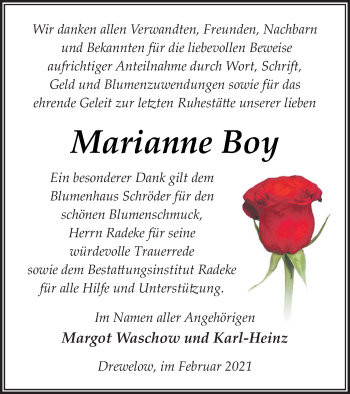 Traueranzeige von Marianne Boy von Vorpommern Kurier