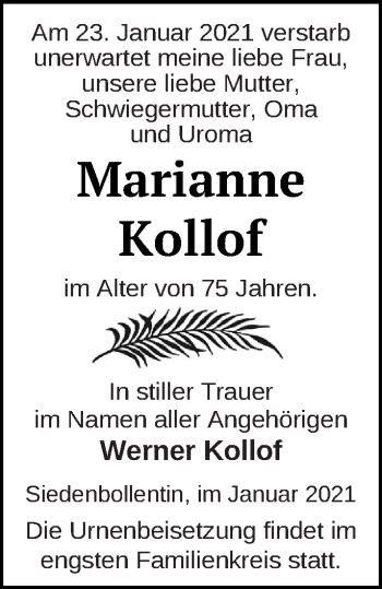 Traueranzeige von Marianne Kollof von Neubrandenburger Zeitung