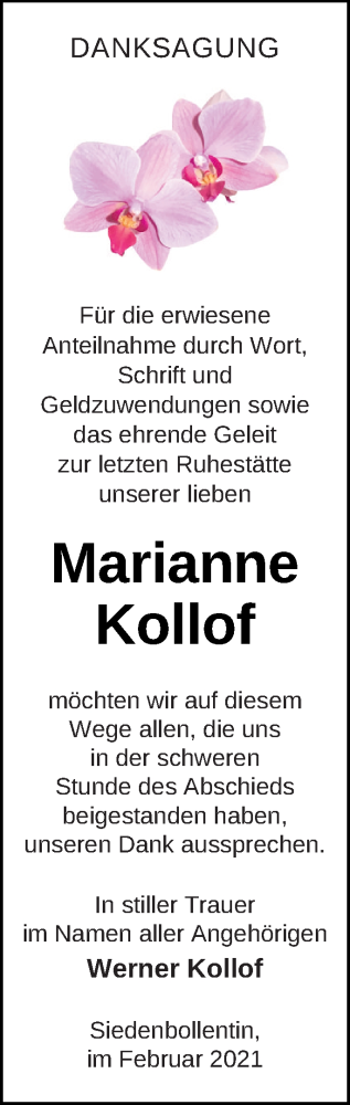 Traueranzeige von Marianne Kollof von Neubrandenburger Zeitung