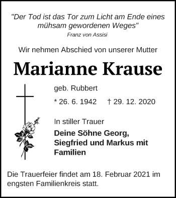 Traueranzeige von Marianne Krause von Pasewalker Zeitung