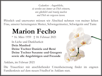 Traueranzeige von Marion Fecho von Vorpommern Kurier