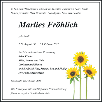 Traueranzeige von Marlies Fröhlich von Pasewalker Zeitung