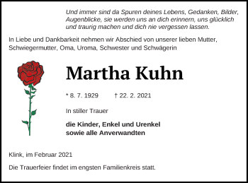 Traueranzeige von Martha Kuhn von Müritz-Zeitung