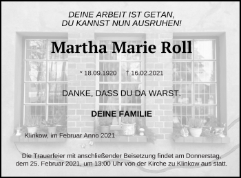 Traueranzeige von Martha Marie Roll von Prenzlauer Zeitung