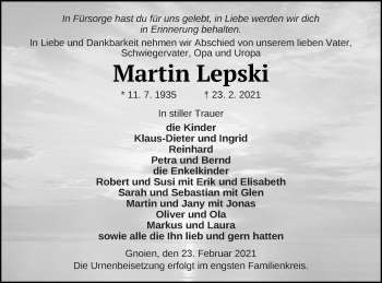 Traueranzeige von Martin Lepski von Mecklenburger Schweiz