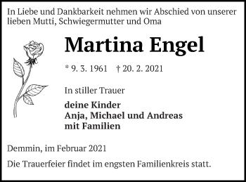 Traueranzeige von Martina Engel von Demminer Zeitung
